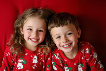 A Girl and Boy in Christmas Pajamas smiling and Standing Together with a Red Background. girl and boy, dressed in Christmas pajamas, with a bold red background enhancing the festive mood.