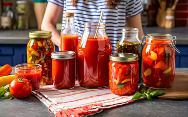 Fototapete - On the kitchen counter are various jars filled with canned vegetables and sauces. A person is visible in the background