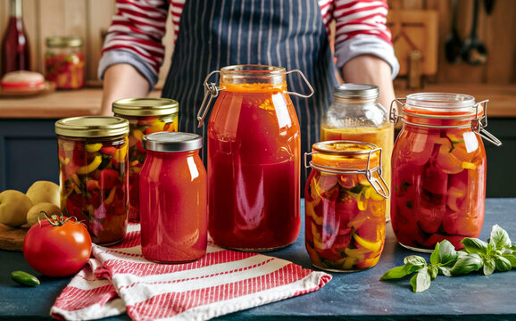 On the kitchen counter are various jars filled with canned vegetables and sauces. A person is visible in the background