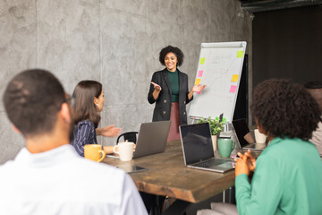 Leinwandbilder - In an international office setting, a diverse team engages in a collaborative meeting. A woman presents ideas while colleagues share insights, fostering teamwork and cooperation.