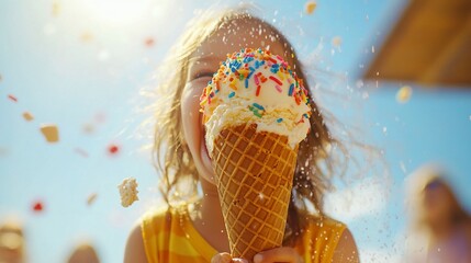 Wall Mural - Happy child eating ice cream cone outdoors.