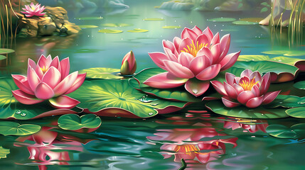 Canvas Print - Serene Water Lilies in a Tranquil Pond