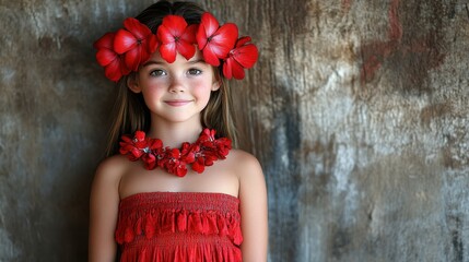 A young girl wearing a red flower headband and a red dress. She is smiling and looking at the camera