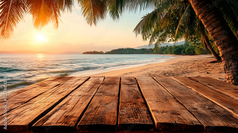 Plank tabletop with ocean beach background. For product display montage ...