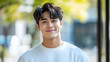 © Infinity Lens - Handsome japanese man, young asian model smiling, casual lifestyle portrait, korean look, male adult exudes happiness, attractive guy with cool demeanor, chinese style.
