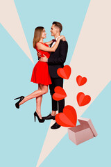 Wall Mural - Vertical photo collage of two happy girl guy wear suit dress hug love relationships present valentine box isolated on painted background