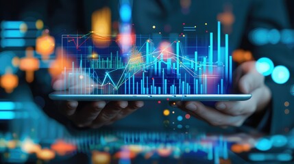  A close-up of a graph being analyzed on a tablet held by a business professional