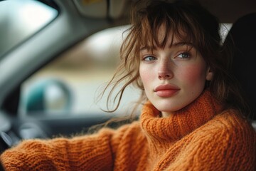 Poster - A woman with tousled hair wearing an orange sweater sits in a car, gazing thoughtfully out the window