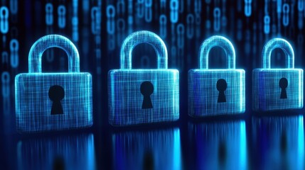 Four glowing, translucent padlocks against a backdrop of binary code, symbolizing the concept of cybersecurity in the digital age