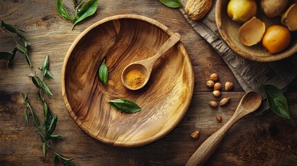 Wall Mural - Wooden bowl with herbs and spices on rustic table