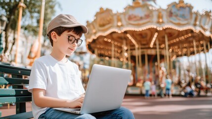Wall Mural - a laptop is open on a bench in a park. the park is filled with people and there are several swings a