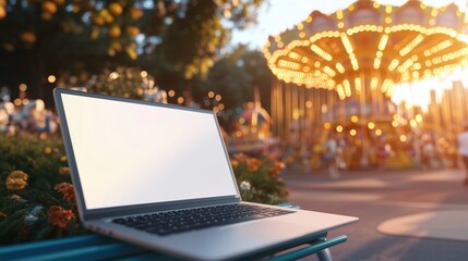 Wall Mural - a laptop is open on a bench in a park. the park is filled with people and there are several swings a
