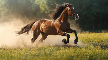 Beautiful brown horse animal galloping wild in nature, herd running free across summer field, equestrian freedom in motion, stallions and mares at full speed, dusty countryside.