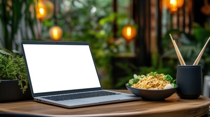 Wall Mural - a laptop is open on a pillow on a patio. the laptop is black and the pillow is pink. the laptop is o