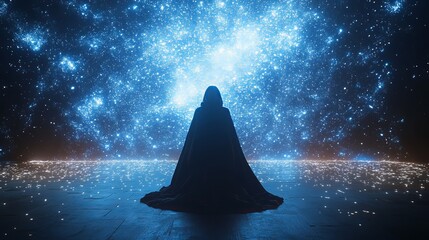 Wall Mural - A mysterious hooded figure stands against a vibrant cosmic backdrop filled with stars and glowing lights