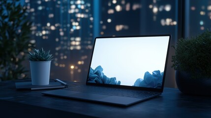 Wall Mural - a laptop is open on a desk with a cup of coffee next to it. the laptop screen is blank, and the coff