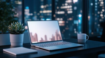 Wall Mural - a laptop is open on a desk with a cup of coffee next to it. the laptop screen is blank, and the coff
