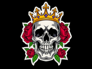 Sticker - A skull with a crown of roses on it. The skull is surrounded by roses and has a crown on top of it