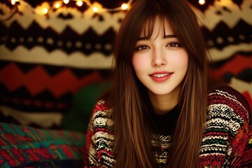 Wall Mural - Smiling young asian female with long hair in cozy sweater and festive lights background