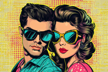 Wall Mural - A retro pop art couple portrait with a romantic vibe, featuring the duo in matching sunglasses, with vibrant comic-style outlines