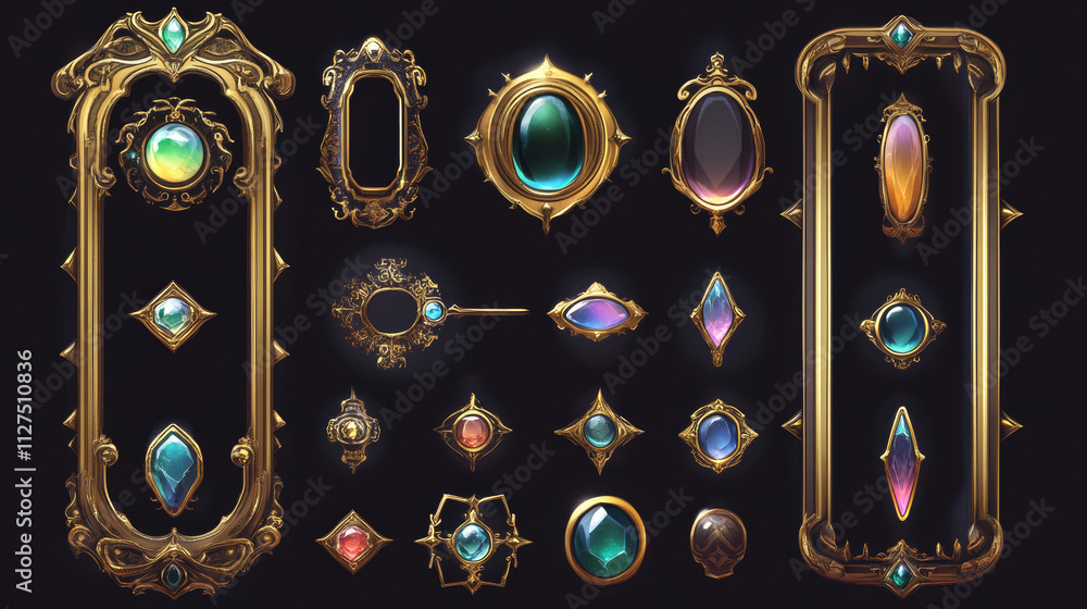 Medieval golden button frame for fantasy game ui isolated on dark ...