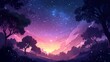 ©  Serhii Hryb - Stunning Twilight Sky Illuminated by Countless Stars Over a Serene Landscape With Silhouetted Trees and Distant Mountains