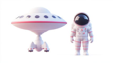3d render astronaut and ufo element for space game. Realistic galaxy universe cosmonaut and spaceship isolated ui icon design for vr video metaverse. Plastic texture fantasy cosmic minimal png set