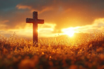 Wall Mural - A wooden cross stands in a green field as the sun sets in the background, with warm tones and long shadows