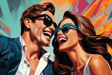 Wall Mural - A bold and graphic pop art-style image of a young couple laughing together, both wearing oversized sunglasses, with a comic book vibe