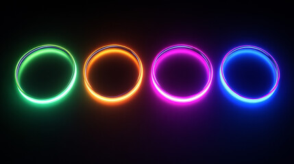 Wall Mural - Set of round neon light flares isolated on black background. Vector realistic illustration of circular swirls glowing in darkness, halo effect, energy vortex, LED illumination, disco illumination