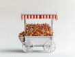 © Maxim Borbut - A vibrant candy cart packed with a variety of sweets, sporting a charming design of orange and white stripes, perfect for festive events or outdoor markets.