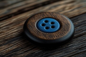 A single wooden button sitting on a wooden surface