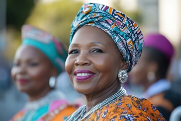 Wall Mural - An elderly woman radiates confidence and elegance, wearing striking traditional attire and jewelry, embodying cultural heritage and communal spirit at a festive gathering.