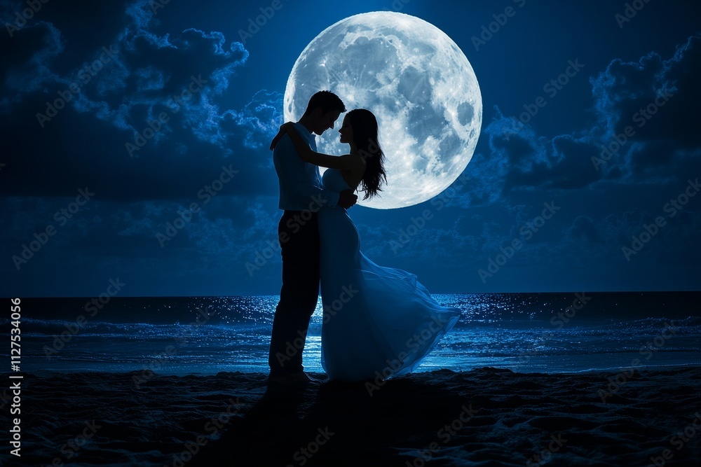 A couple embraces while dancing on the sandy beach under a bright full ...