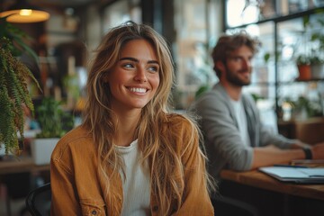 Wall Mural - Young woman smiles warmly while sitting in a cozy cafe with a friend during a sunny afternoon. Generative AI