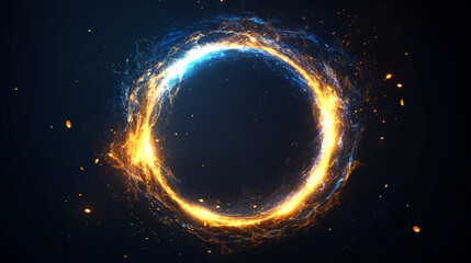 Wall Mural - Fire light and electric effect magic round portal. Neon energy ring frame with thunder lightning shine. Blue and gold flash multiverse shiny 3d design. Abstract transparent sparkle motion ellipse