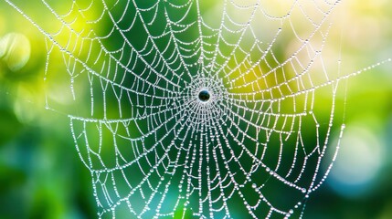 A close-up of a spider web adorned with dew droplets, showcasing nature's intricate design.