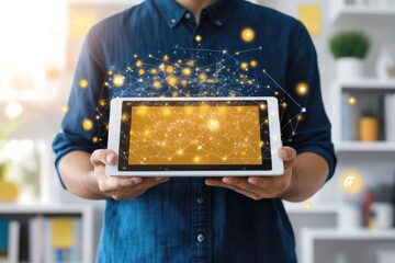 Wall Mural - a person holding a tablet computer with a bright yellow screen, ideal for digital artwork and modern