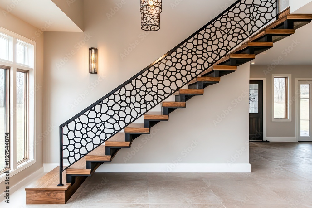 A modern staircase in a Craftsman-style house featuring floating walnut ...