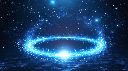 Wall Mural - Blue light eclipse. Abstract space flare glow. Moon ring or sunrise neon edge with sparkle on orbit. Cosmic radial beam explosion design. Circle in night galaxy sky illustration. Sun rise near planet