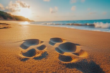 close-up of equal-sized footprints side by side on sandy beach harmony in focus