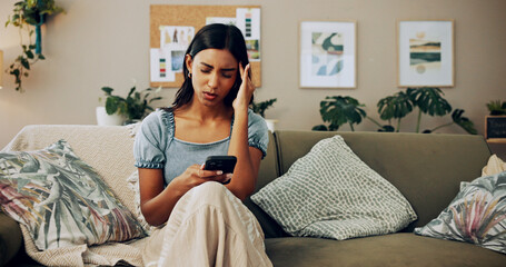 Poster - House, stress and woman with cellphone, headache and mistake with communication. Person, apartment and girl on couch, illness and smartphone with migraine, online reading and sick with error message