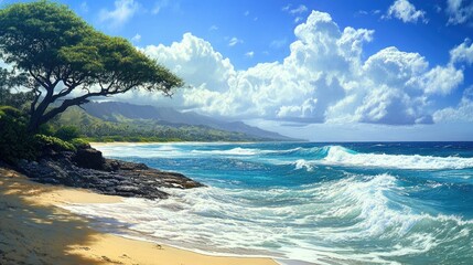 Wall Mural - oahu's north shore: serene pacific ocean waves and lush island landscape
