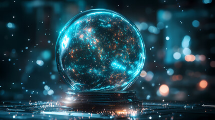 futuristic digital art of a glowing planet in a glass sphere, surrounded by stars and cosmic lights,