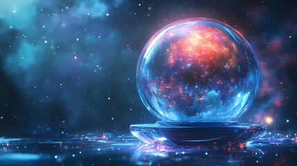 futuristic digital art of a glowing planet in a glass sphere, surrounded by stars and cosmic lights,
