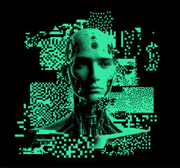 Aufkleber - Humanoid robot on a glitchy background with pixel artifacts.