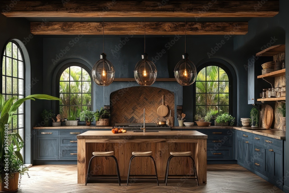 Dark blue kitchen with wooden island, arched windows, and rustic beams ...