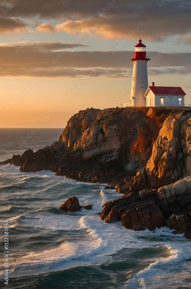 Perched Lighthouse A classic white and red lighthouse perched on a rocky cliff overlooking ...