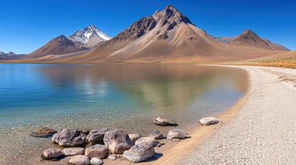 Poster - Serene mountain lake with clear blue skies and rocky shoreline, AI