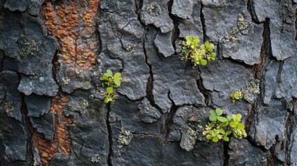 Wall Mural - Resilience: Tiny Plants Emerging from a Weathered Tree Bark